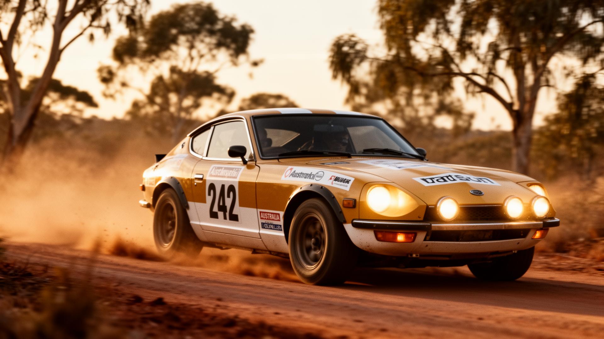 Vintage rally car on a dusty Australian stage